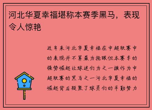 河北华夏幸福堪称本赛季黑马，表现令人惊艳