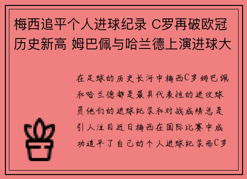 梅西追平个人进球纪录 C罗再破欧冠历史新高 姆巴佩与哈兰德上演进球大战 梅西追平个人进球纪录 C罗再破欧冠历史新高 姆巴佩与哈兰德上演进球大战